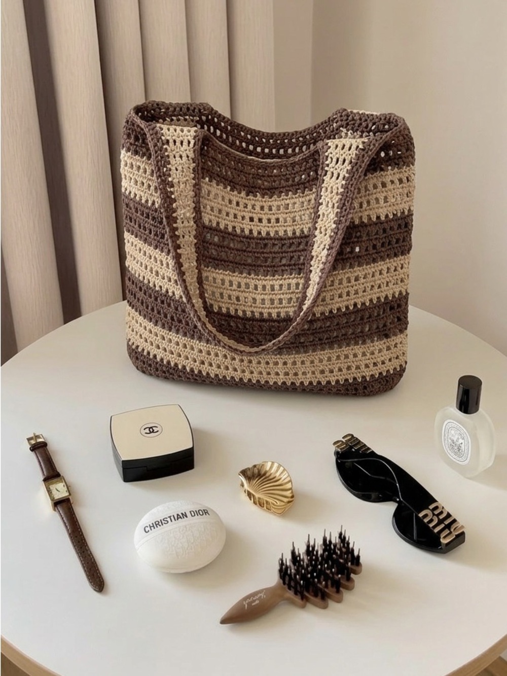 Striped Crochet Shoulder Bag in Brown & Cream
